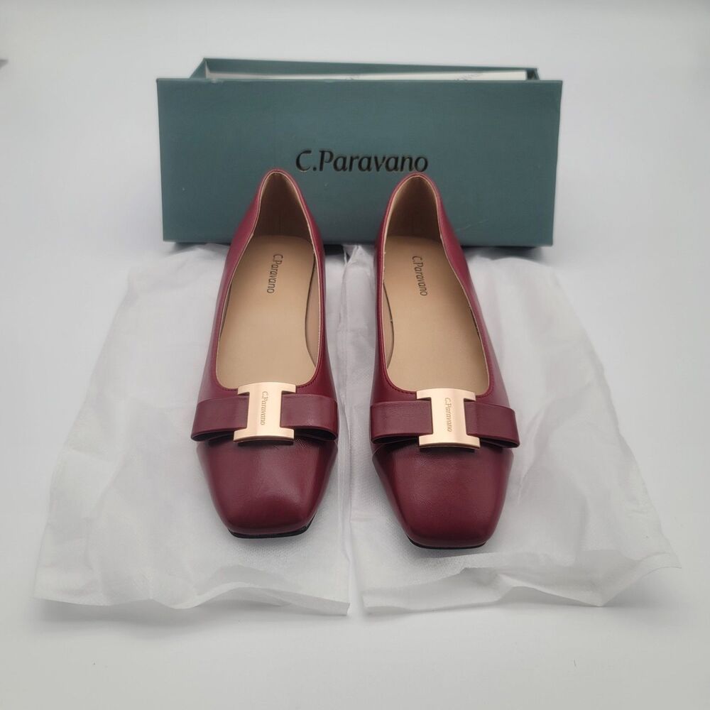 C.Paravano Flats Women Shoes US 7.5 EUR 38 Red Square Toe Metal Buckles Ballet